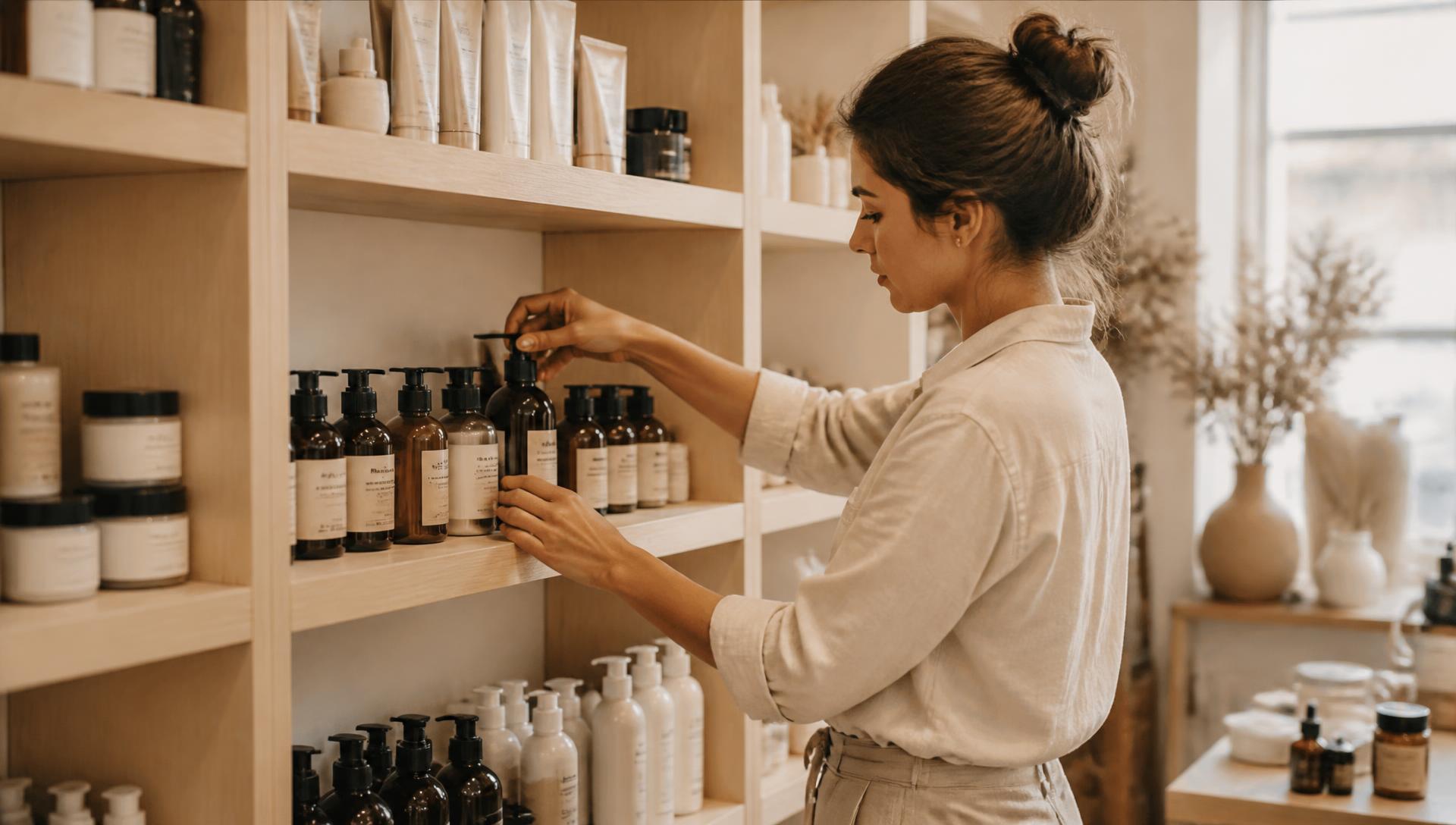 Showroom da Casa Três com produtos cosméticos em prateleiras de madeira clara